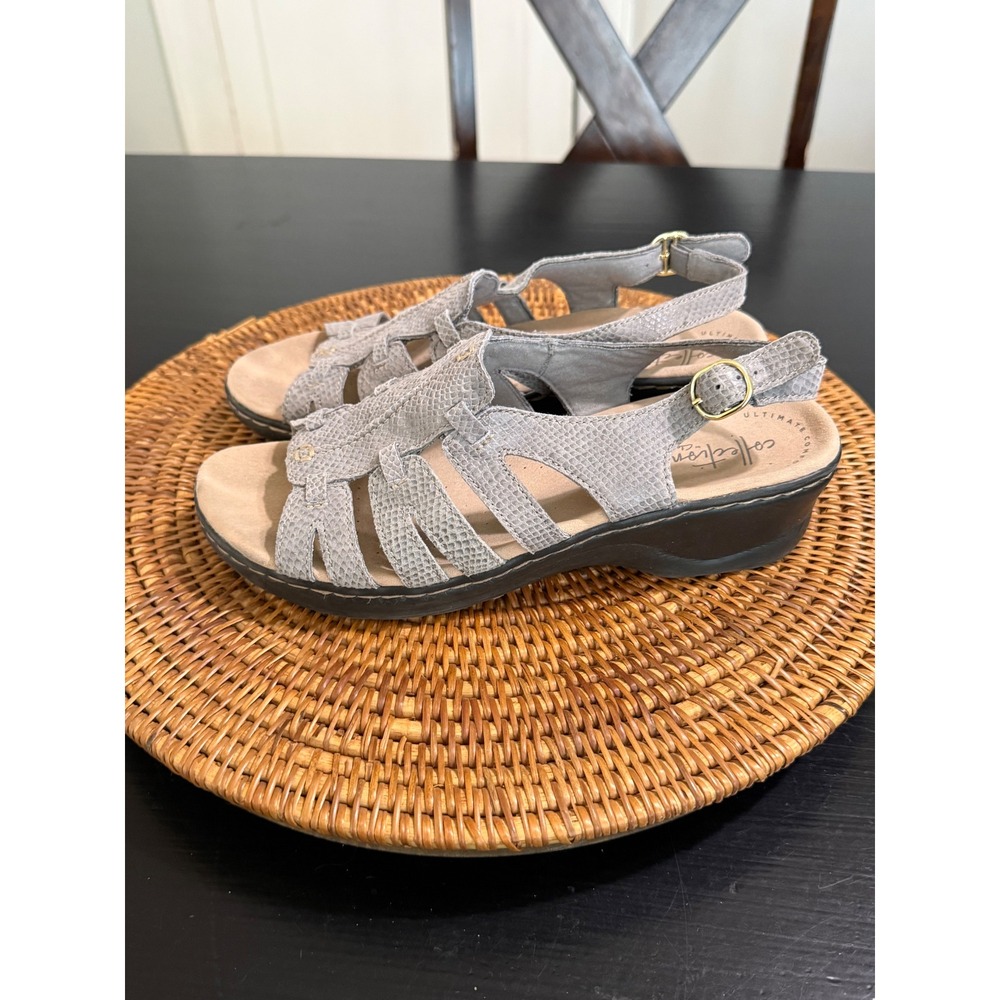 Clarks Collection Grey Snakeskin Strappy Wedge Sandals Womens Size 8.5